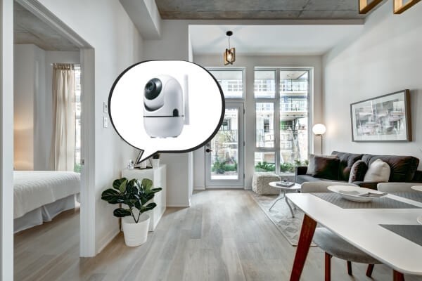 Wireless indoor security camera installed in a home living room