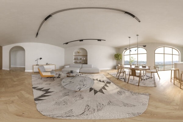 Pan and tilt indoor camera covering a full room view