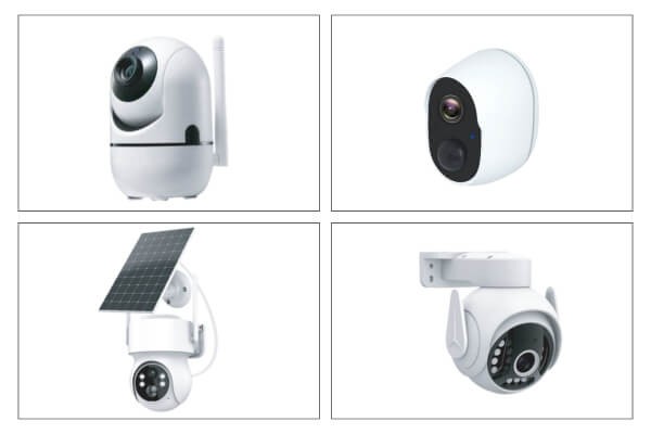 Different types of wireless security cameras including Wi-Fi, battery, solar, and 4G models