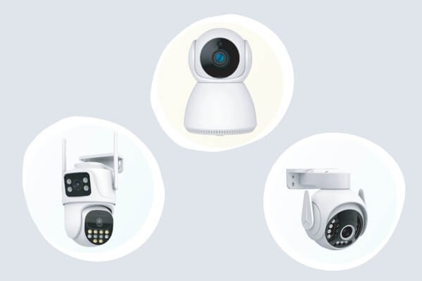 Different types of wired security cameras including bullet, dome, and PTZ models