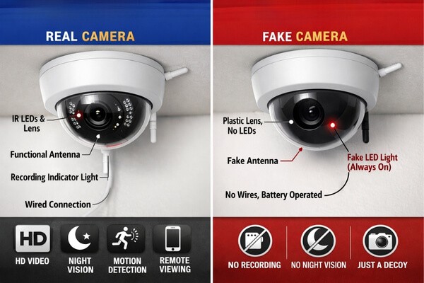 Comparison between real and fake security cameras