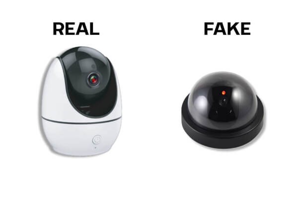 Real vs fake security cameras with LED lights