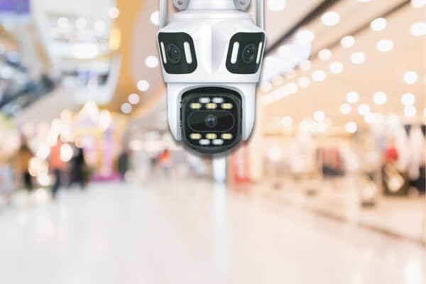 4K security camera installed in a large commercial space such as a parking lot or warehouse for detailed monitoring.