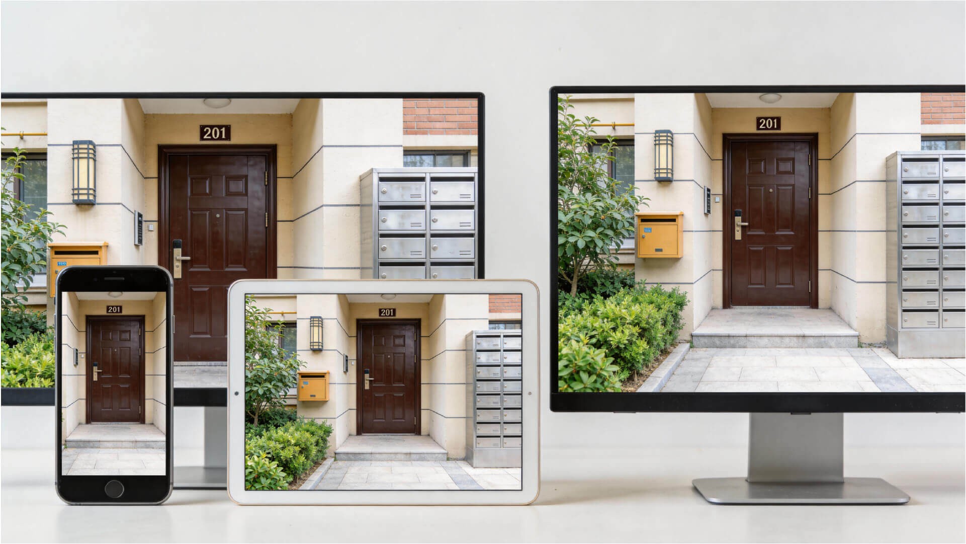 Different devices as monitors for security cameras including smartphones, tablets, and TVs.