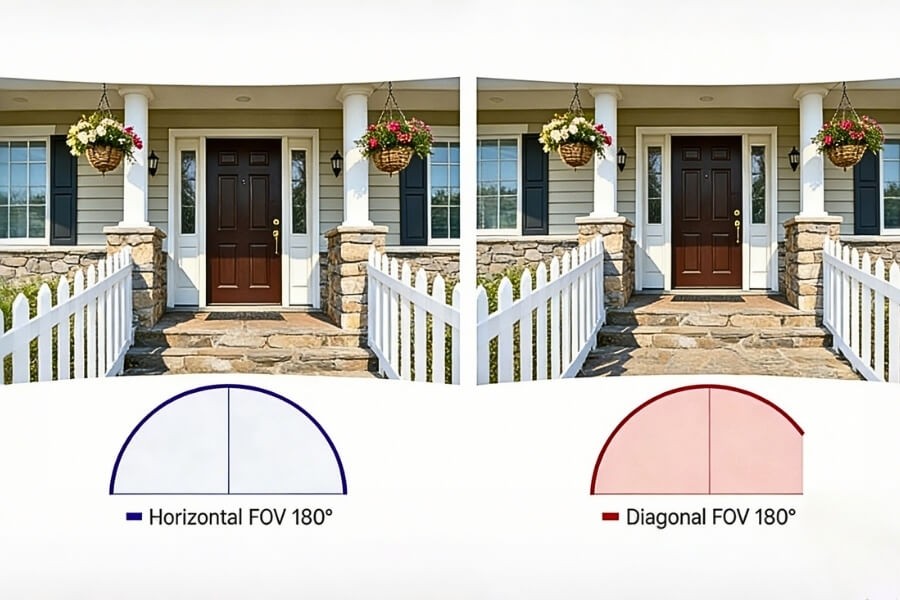 Field of view comparison showing the coverage of 100°, 120°, and 180° wide-angle cameras.