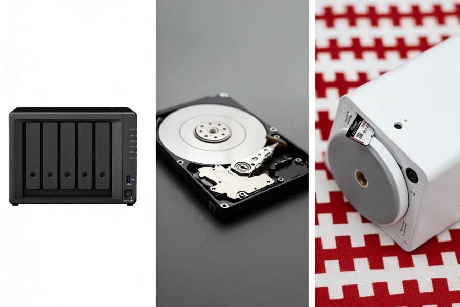 Illustration of SD card, hard drive, and NAS storage options for security cameras