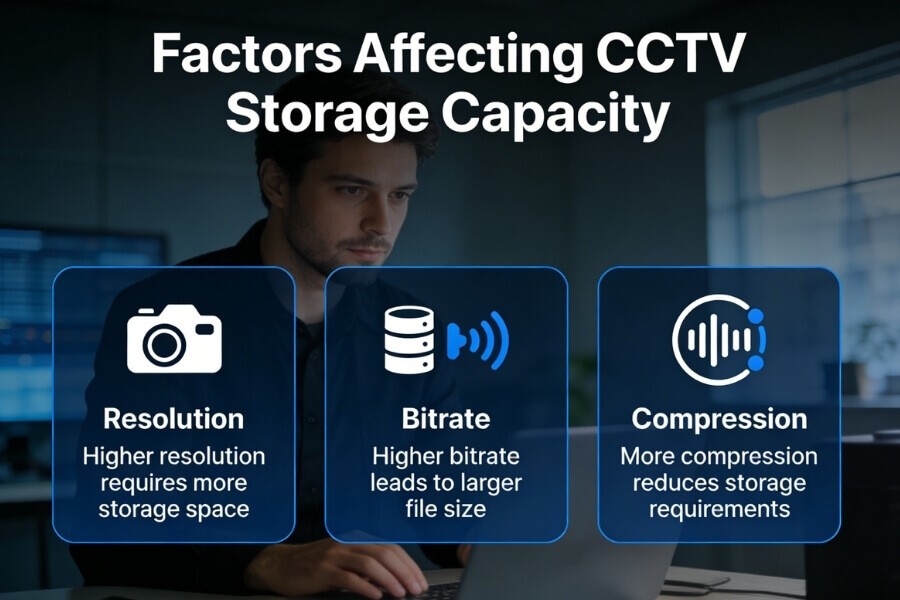 Factors affecting CCTV storage capacity including resolution, bitrate, and compression.