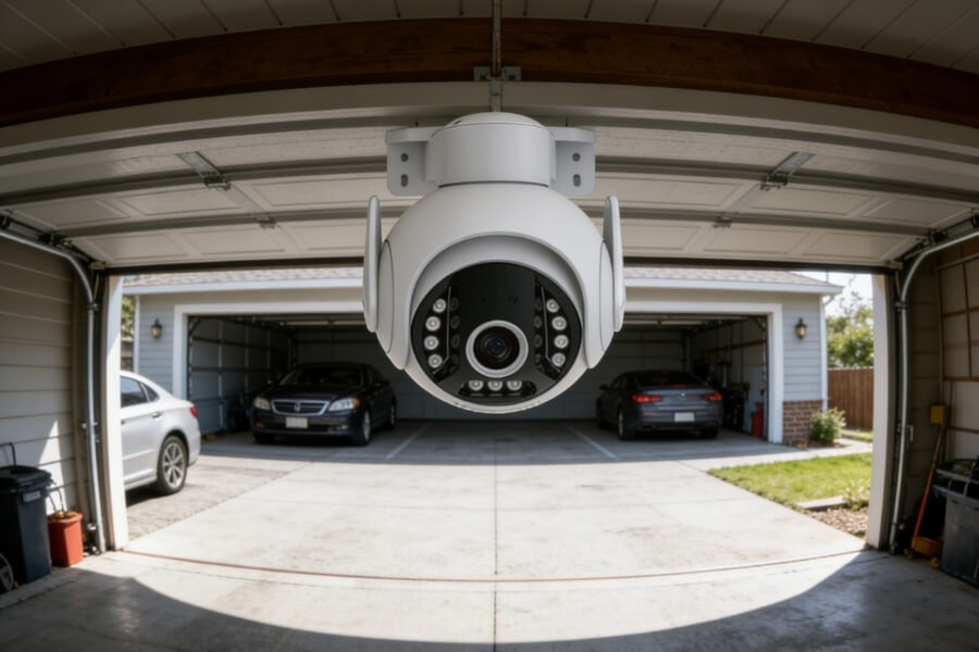 360-degree surveillance camera monitoring a large office space without blind spots