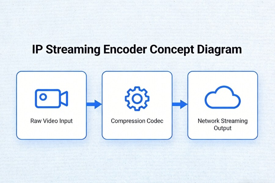 diagram explaining how an IP streaming encoder converts raw video into compressed network streams