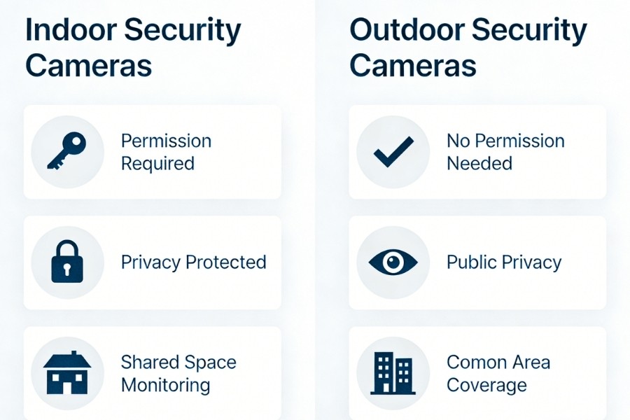 tenant security camera rules indoor vs outdoor apartment