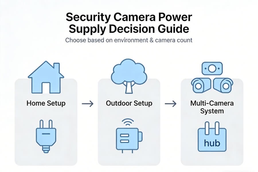security camera power supply types including PoE, battery and wired systems